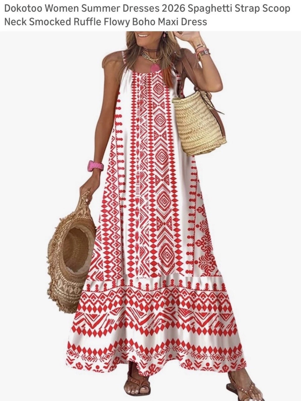 Dokotoo Red & White Spaghetti Strap Boho Maxi Dress Small